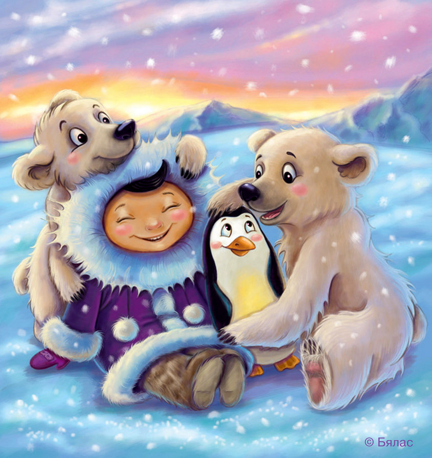 на северном полюсе - снег, чукча, детское, медведь, лед, пингвин, полюс, север - оригинал