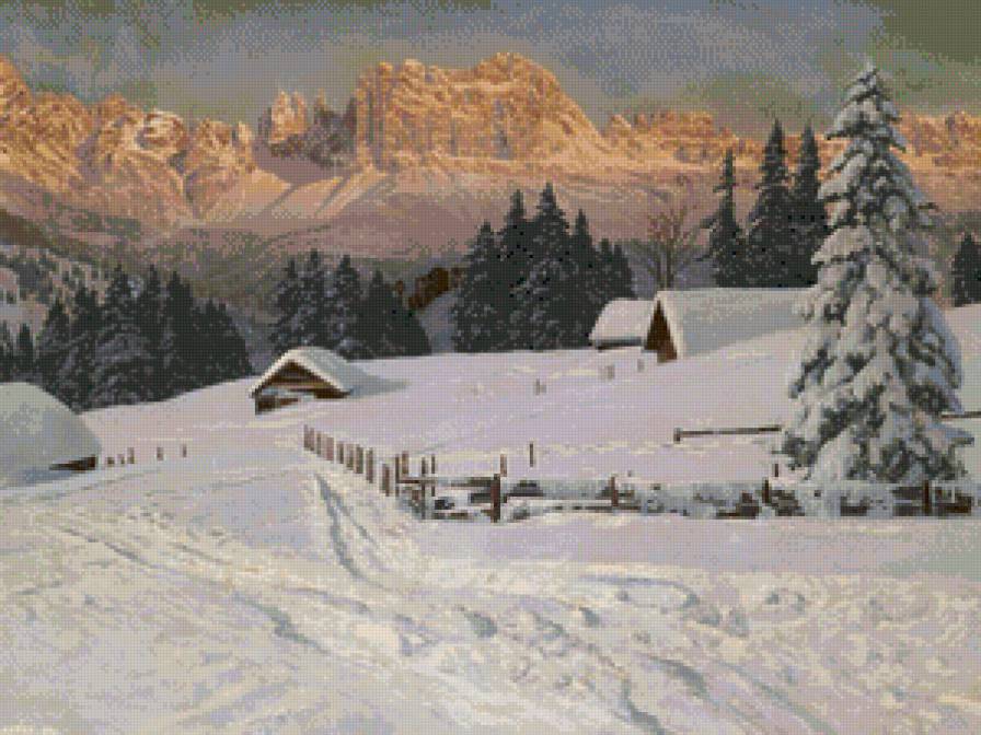 закат в зимних горах - снег, горы, домик, зима, пейзаж, природа, живопись, закат, вечер - предпросмотр