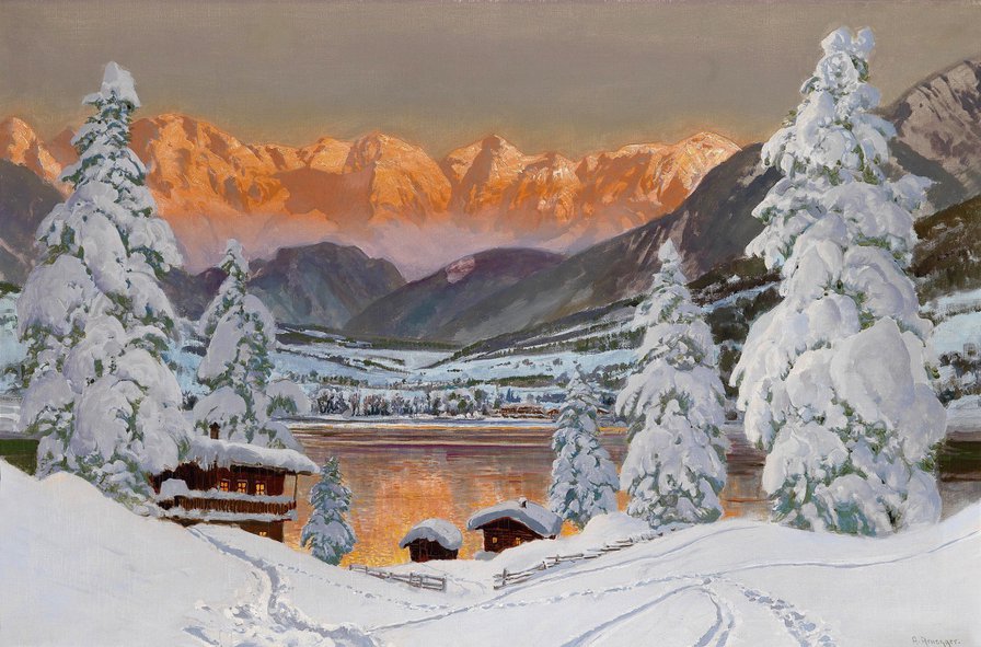 зима в горах - горы, снег, живопись, закат, вечер, пейзаж, природа, зима, альпы - оригинал