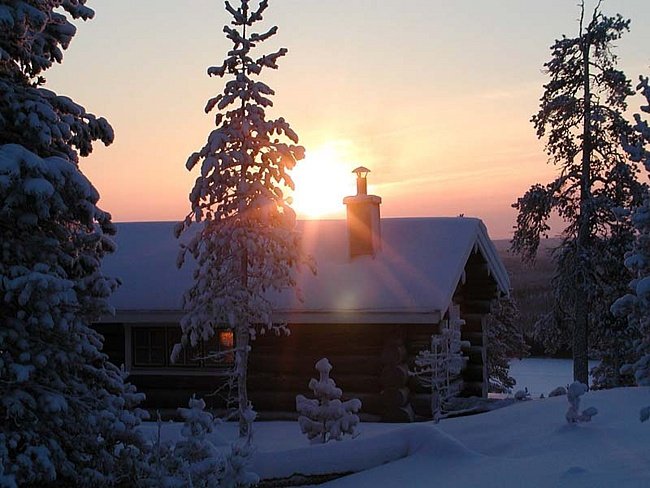Зимний закат - снег, пейзаж, закат, домик, природа. зима - оригинал