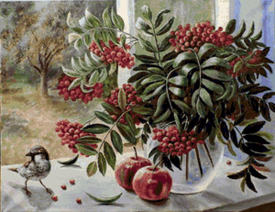 Воробьева Ольга.  Горит опять рябины медь... - картина, живопись, рябина, натюрморт, букет, птицы - предпросмотр