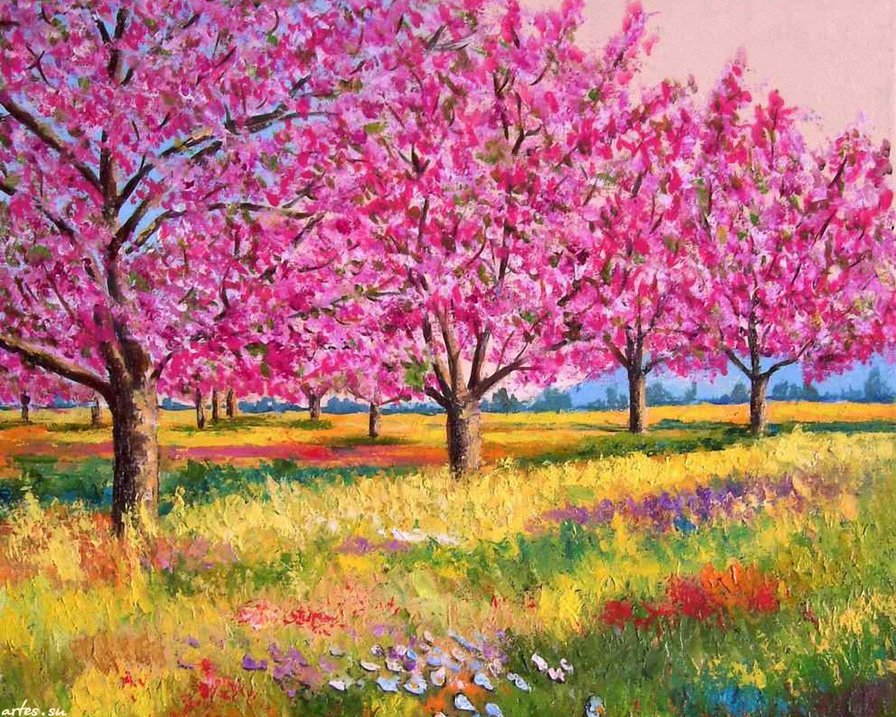 абрикосовый сад - сад, село, абрикосы, деревня, цвет, живопись, весна - оригинал