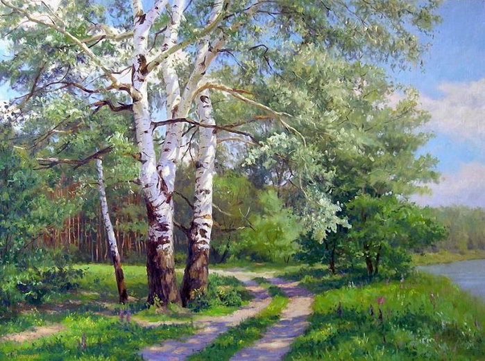 русские берёзы - живопись, береза, дерево, лето, пейзаж, лес, природа, цветы - оригинал