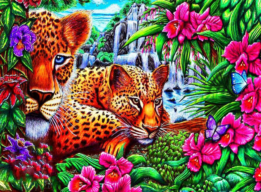 леопарды у водопада - леопард, водопад - оригинал