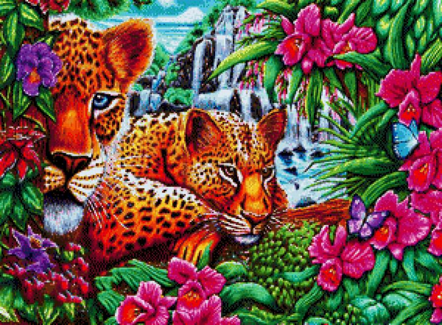 леопарды у водопада - водопад, леопард - предпросмотр