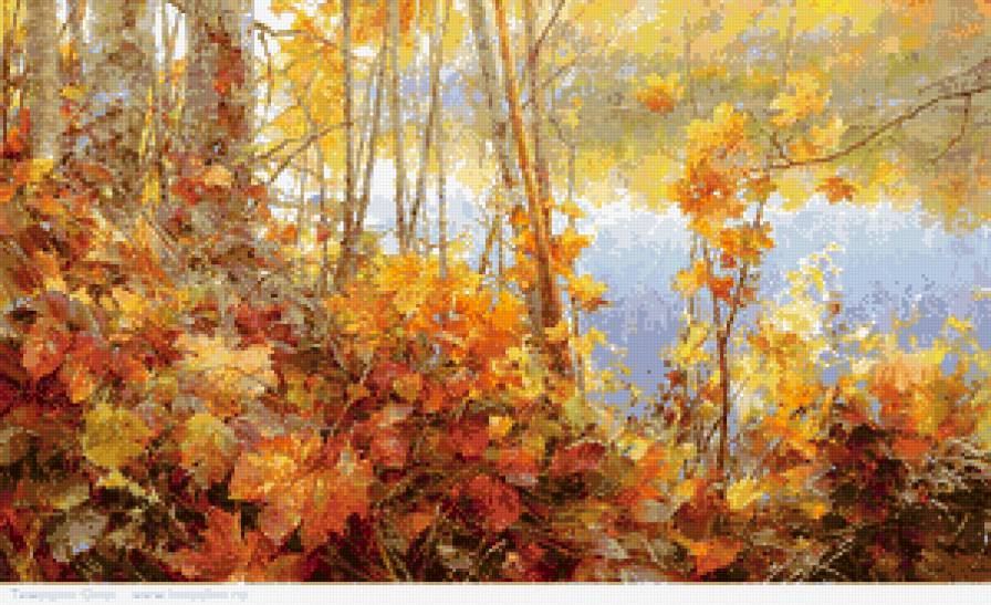 осеннее настроение - река, осень, природа, золото, дерево, живопись - предпросмотр