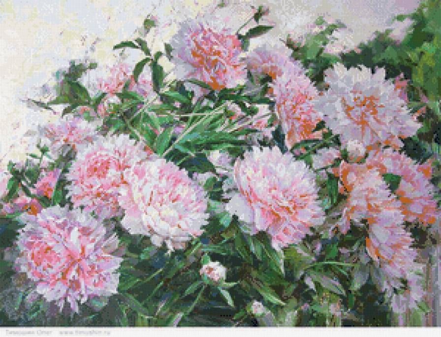 куст с пионами - букет, пионы, цветы, нежность, живопись, весна, панно - предпросмотр