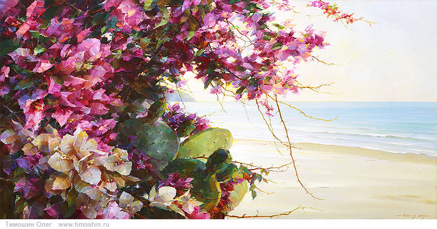 цветы у моря - пляж, море, кактус, лето, цветы, живопись, солнце - оригинал