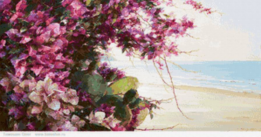 цветы у моря - солнце, кактус, живопись, пляж, море, цветы, лето - предпросмотр