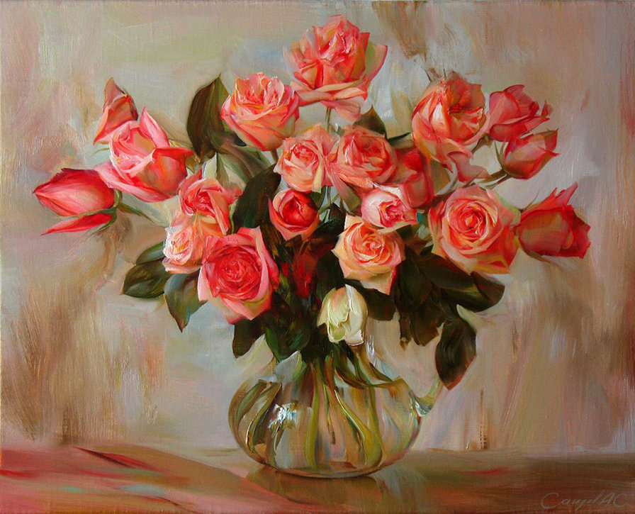 чайные розы - букет, розы, ваза, цветы, натюрморт, живопись - оригинал