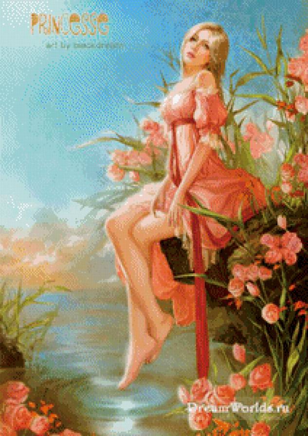 девушка у пруда - цветы, девушка, пруд - предпросмотр