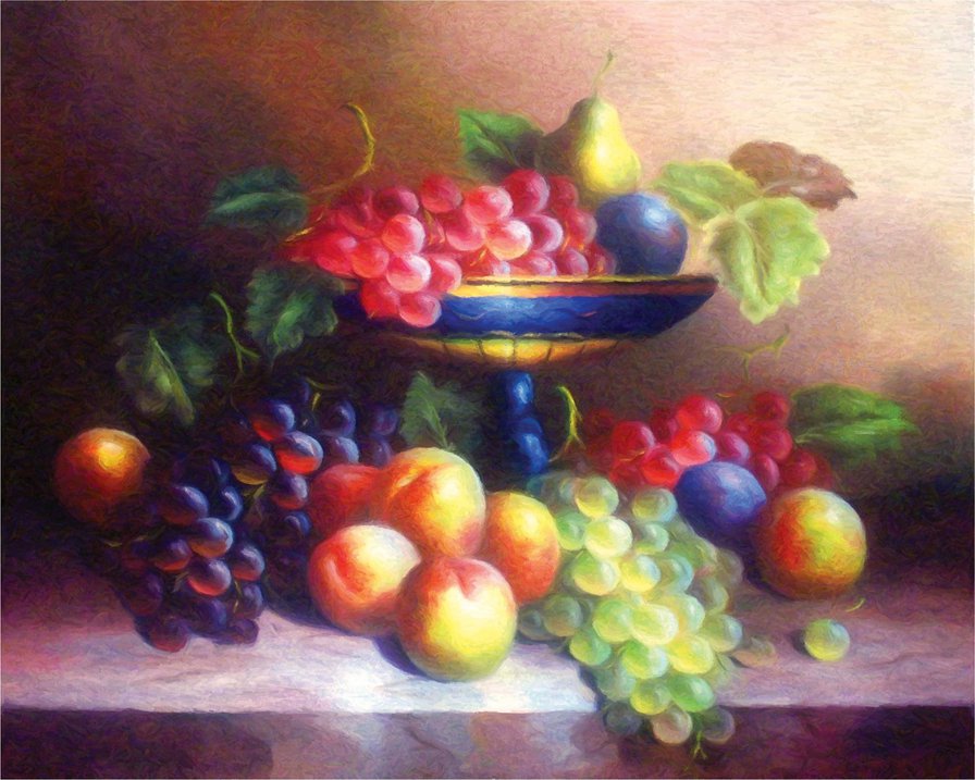 фруктовый натюрморт - фрукты, еда, яблоко, натюрморт, виноград, живопись, кухня - оригинал