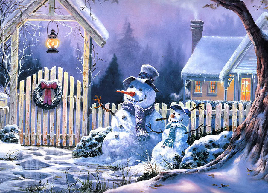 снеговики - ночь, снеговик, новый год, снег, зима, акварель, звезды, зайцы - оригинал
