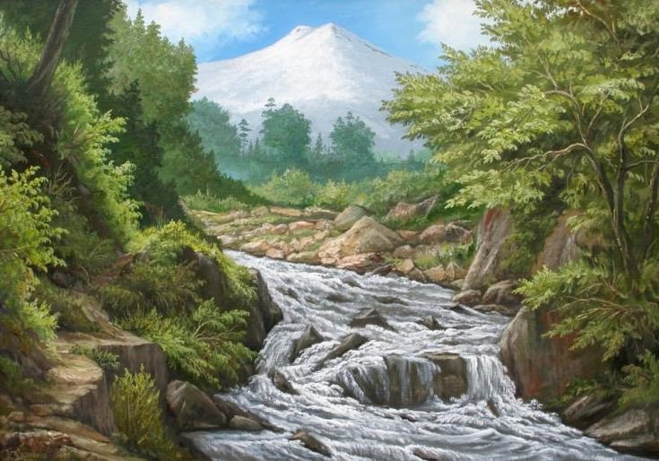 Сизоненко Юрий. Вид на Эльбрус - пейзаж, река, природа, ручей, картина, горы - оригинал