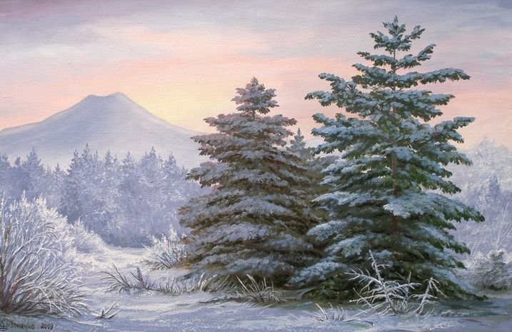 картина, пейзаж. зима, утро, ели, природа, горы - оригинал