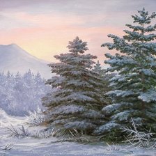 картина, пейзаж. зима, утро, ели, природа, горы