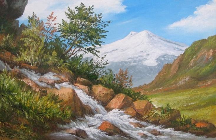 Сизоненко Юрий. Приэльбрусье - горы, природа, лето, картина, пейзаж, ручей - оригинал