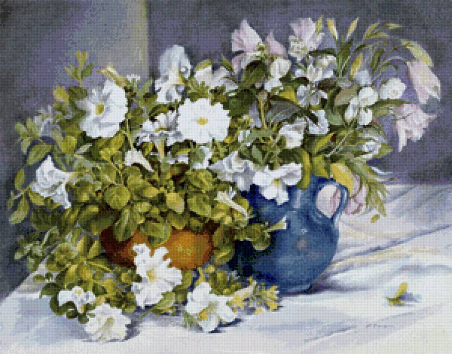 белая петуния - натюрморт, цветы, петуния, ваза, букет, живопись - предпросмотр