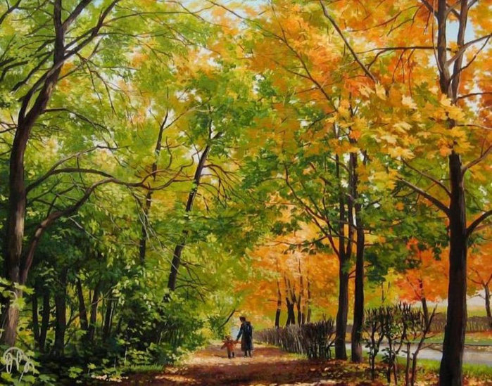 прогулка в осеннем парке - осень, природа, парк, дерево, золото, живопись, прогулка, пейзаж - оригинал