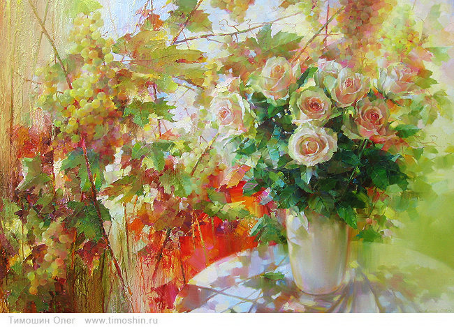 букет кремовых роз - живопись, букет, натюрморт, ваза, цветы, кувшин, розы - оригинал