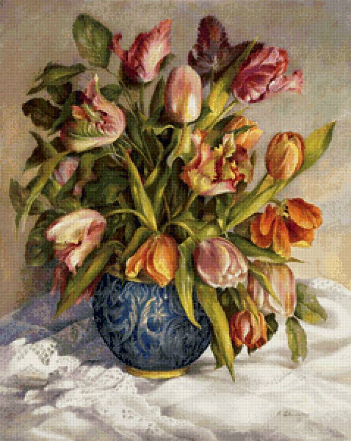 тюльпаны в вазе - тюльпаны, цветы, букет, натюрморт, весна, ваза, живопись - предпросмотр