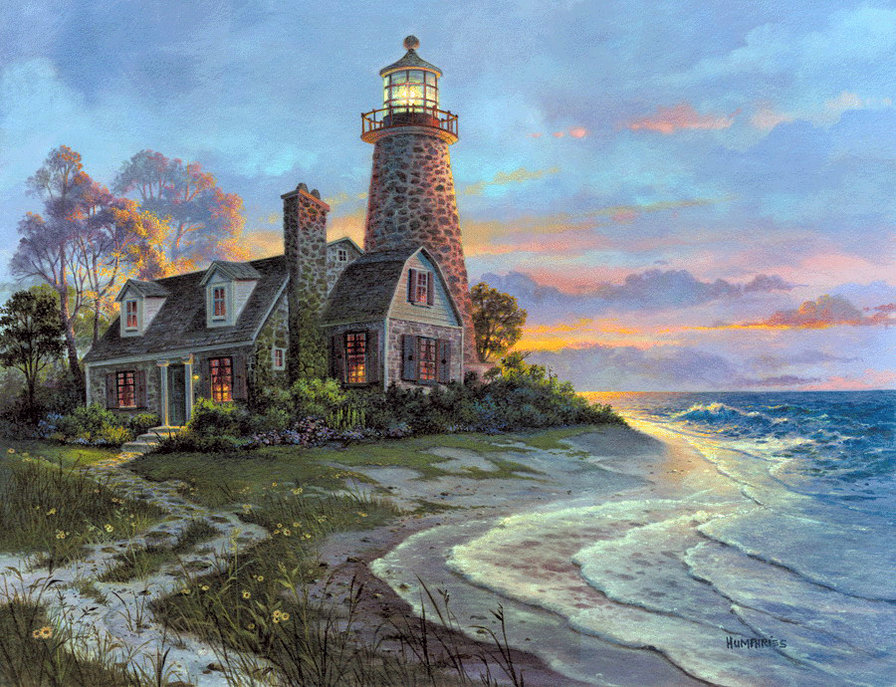 маяк и дом мечты - домик, живопись, море, мечта, пейзаж, прибой, закат, маяк - оригинал