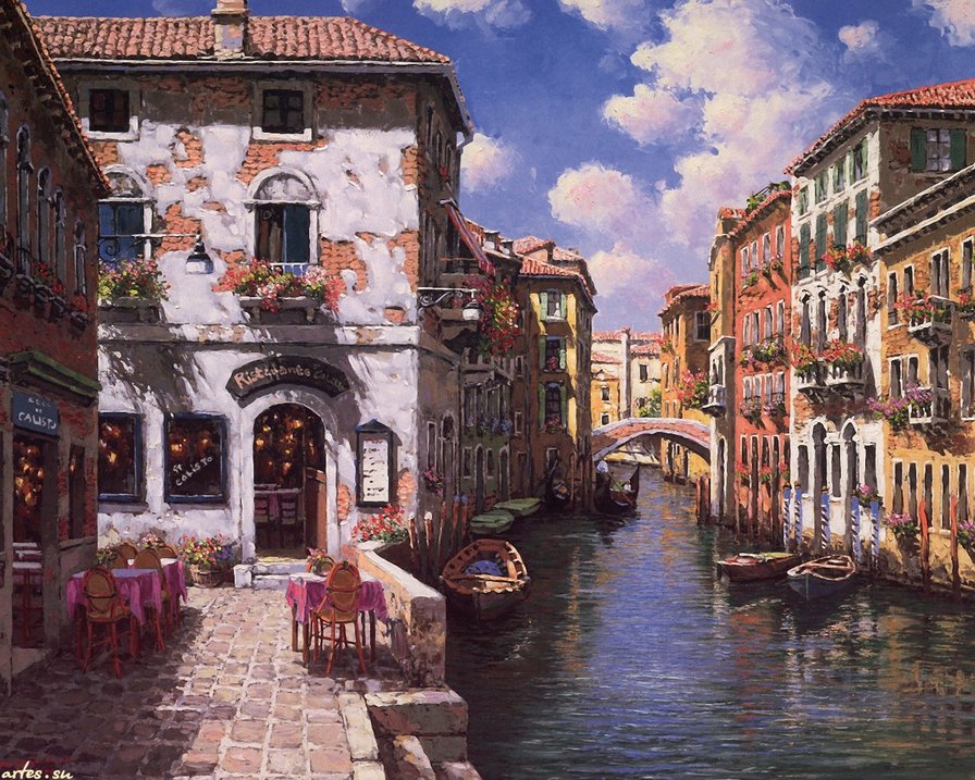 кафе в венеции - кафе, гондола, канал, романтика, венеция, лето, город, живопись - оригинал