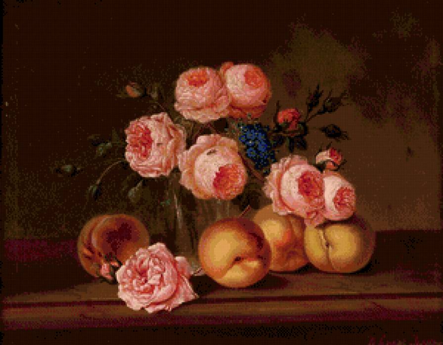 розы и персики - фрукты, живопись, персики, розы, ваза, букет, цветы, натюрморт - предпросмотр