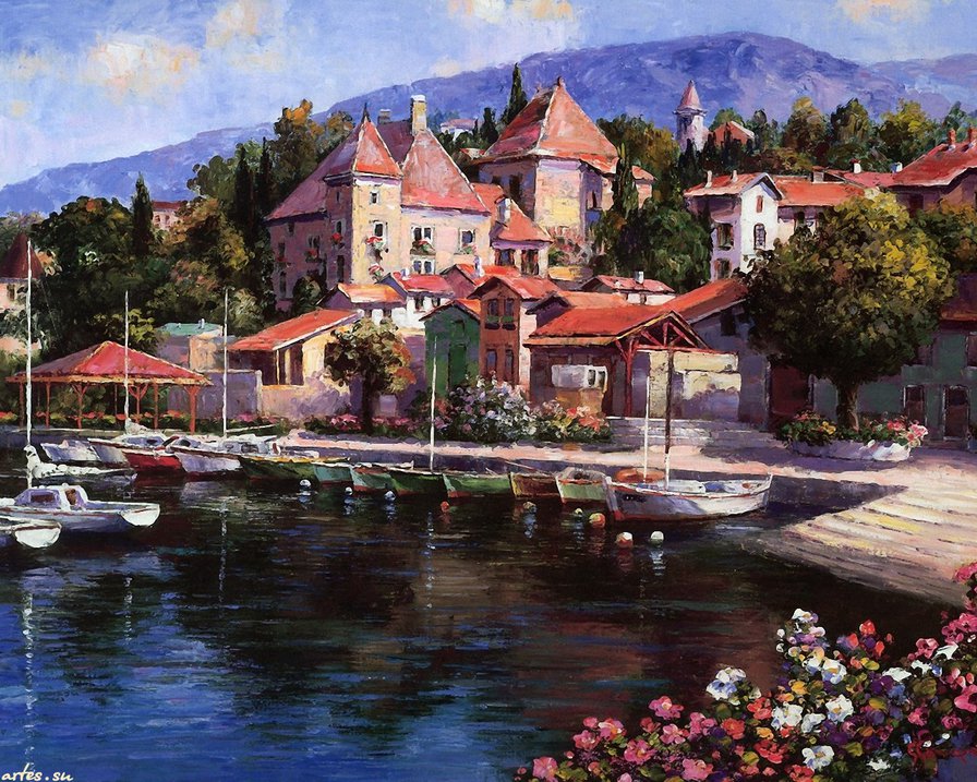 лодки на берегу - горы, море, живопись, кафе, берег, юг, лодки, пейзаж - оригинал