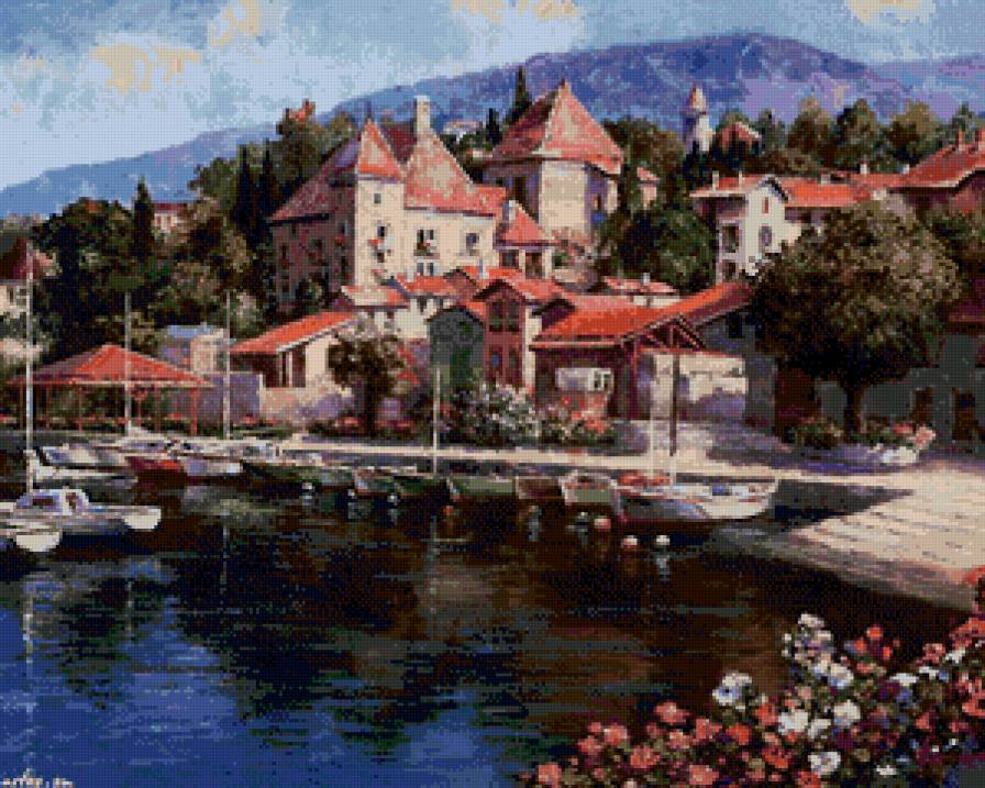 лодки на берегу - юг, лодки, море, берег, живопись, пейзаж, кафе, горы - предпросмотр