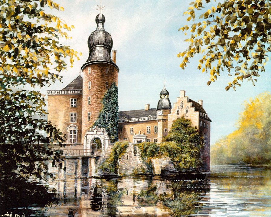 средневековый замок - замок, природа, озеро, остров, пейзаж, лес, живопись - оригинал