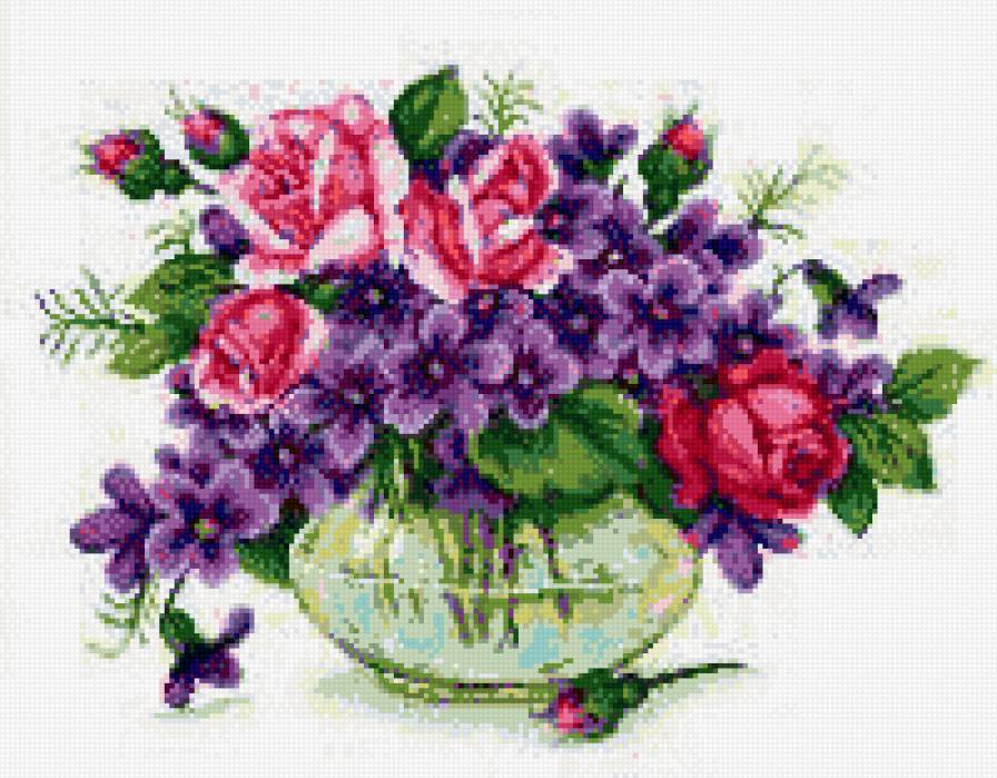 корзинка с фиалками и розами - предпросмотр