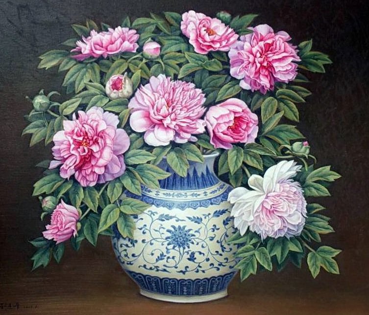Пионы в китайской вазе - ваза, натюрморт, цветы, букет, пионы - оригинал