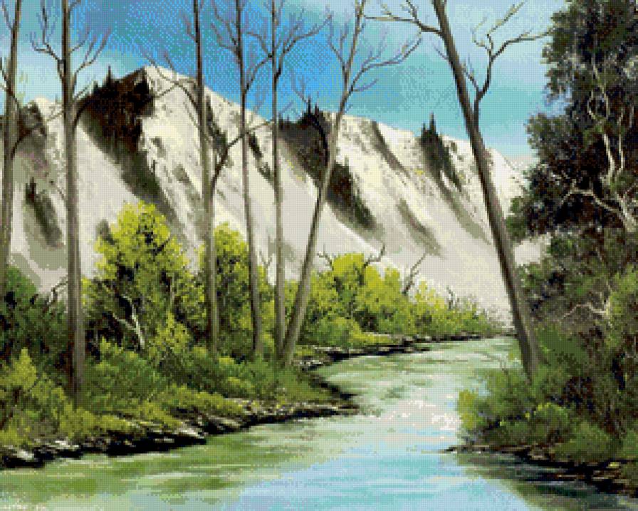 горный пейзаж - горы, водопад, река, живопись, пейзаж, скала, природа, лес - предпросмотр