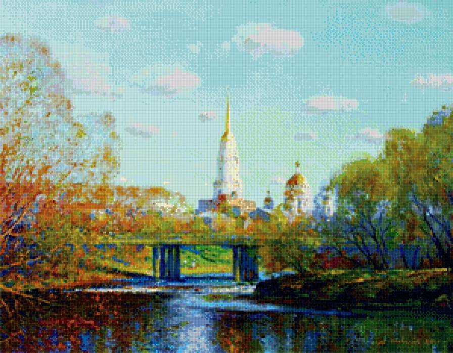 пейзаж с церковью - живопись, мост, пейзаж, церковь, природа, река, храм, лавра - предпросмотр