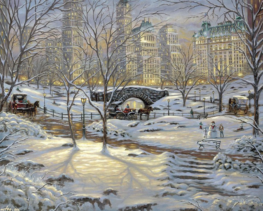 зима в нью-йорке - нью-йорк, снег, снеговик, мост, зима, живопись - оригинал