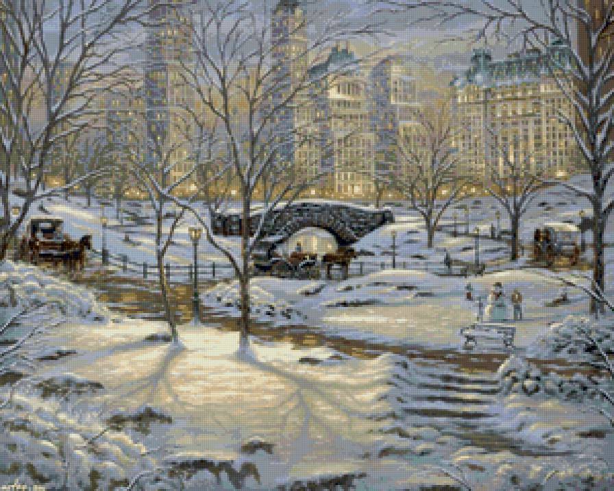 зима в нью-йорке - мост, снеговик, зима, нью-йорк, живопись, снег - предпросмотр