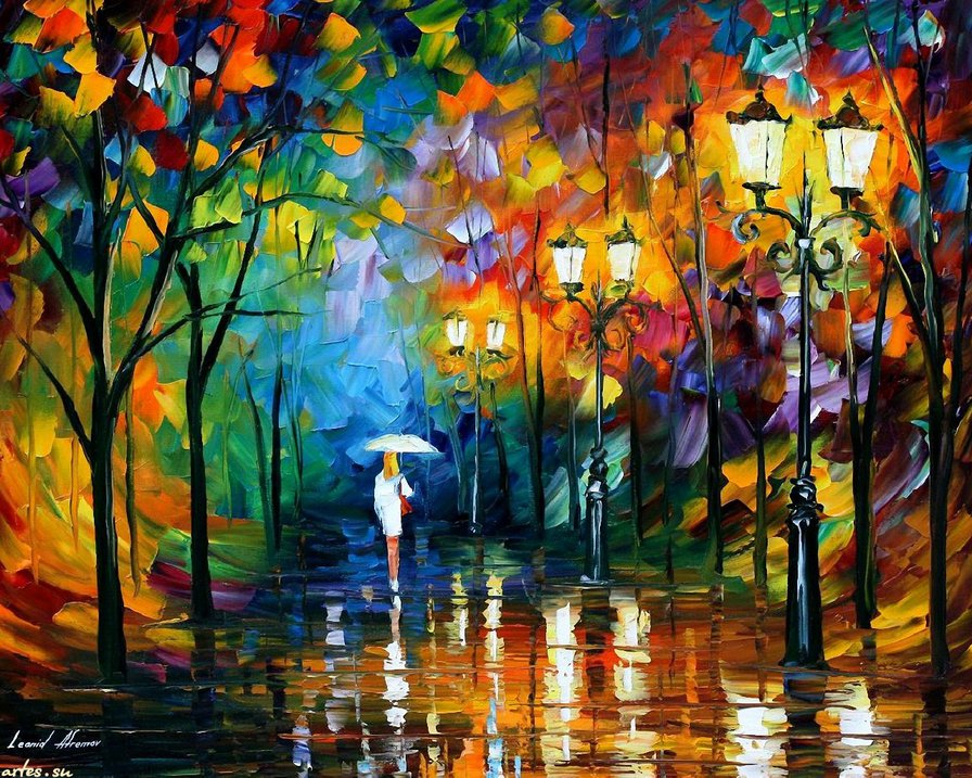 прогулка под дождём - фонарь, девушка, вечер, парк, дождь, зонтик. живопись, краски - оригинал