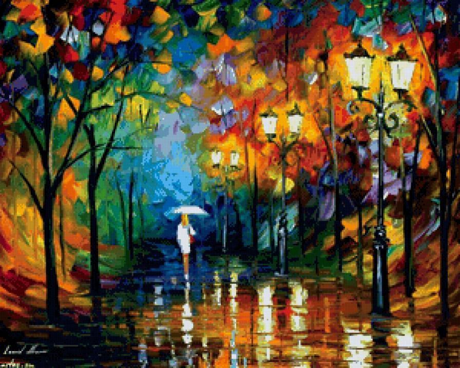 прогулка под дождём - дождь, фонарь, девушка, краски, зонтик. живопись, вечер, парк - предпросмотр