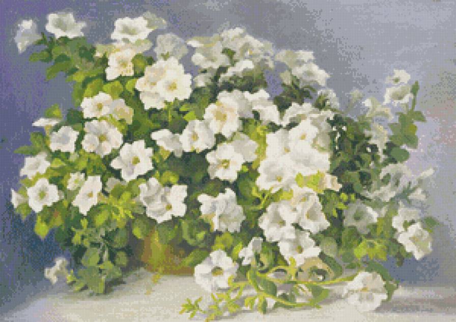 белая петуния - живопись, ваза, цветы, петуния, нежность, букет, натюрморт - предпросмотр