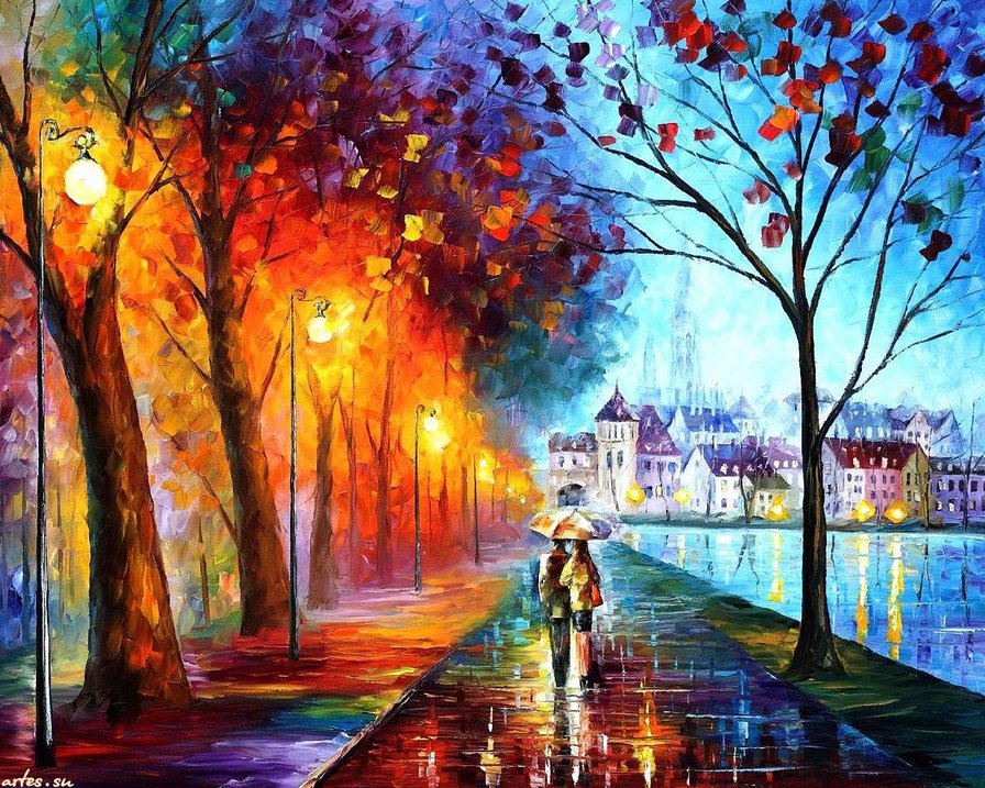 двое под дождём - фонарь, живопись, пара, любовь, зонтик, вечер, дождь, романтика - оригинал