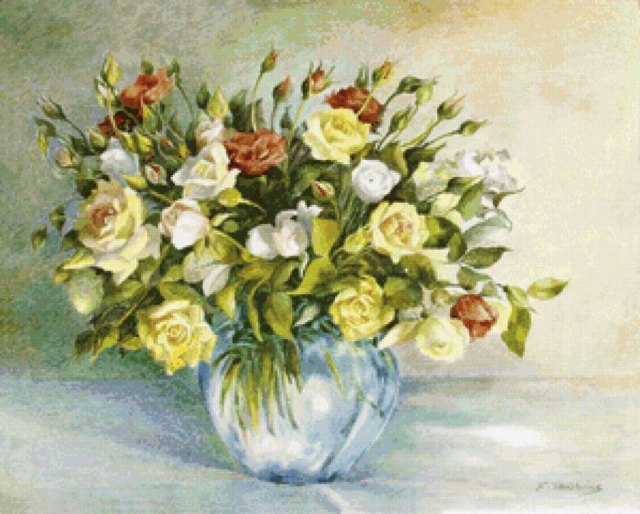 розы в вазе - цветы, букет, ваза, живопись, натюрморт, роза - предпросмотр