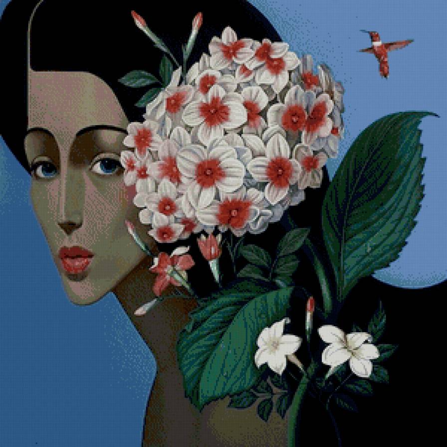 девушка с гортензией - портрет, гортензия, цветы, девушка, женщина, арт, живопись - предпросмотр