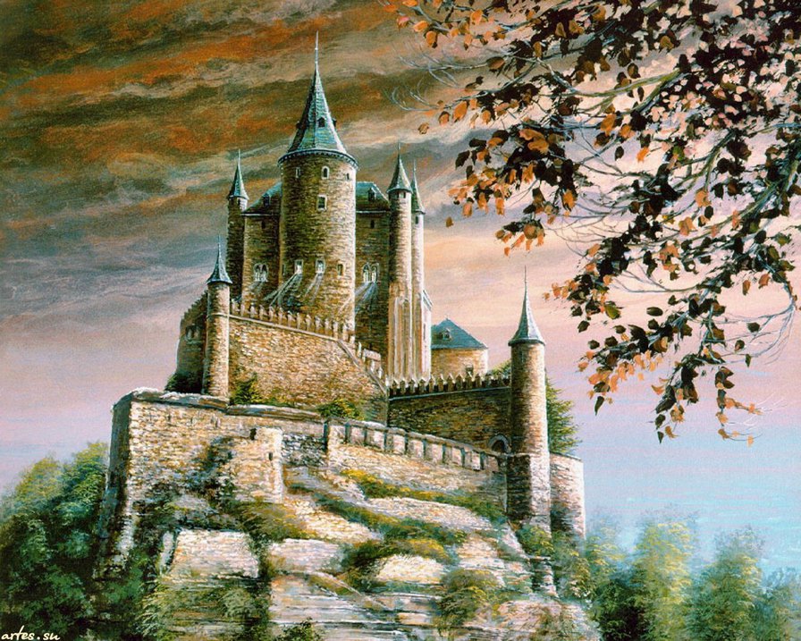 средневековый замок - живопись, замок, природа, озеро, пейзаж, остров, лес - оригинал