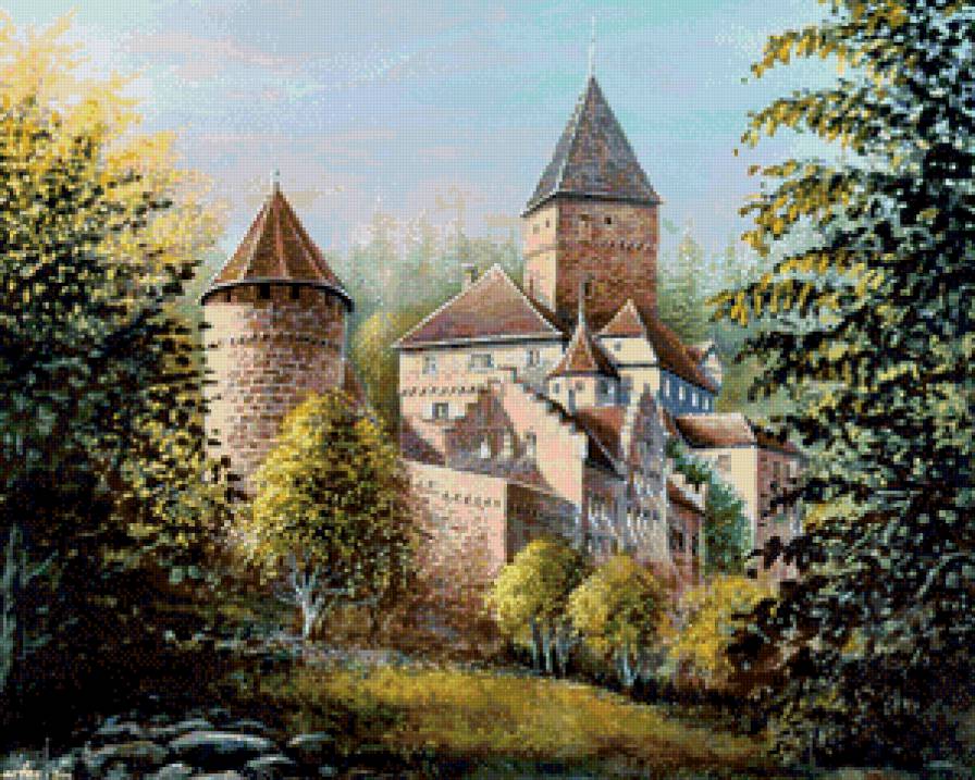 средневековый замок - остров, пейзаж, живопись, озеро, лес, замок, природа - предпросмотр