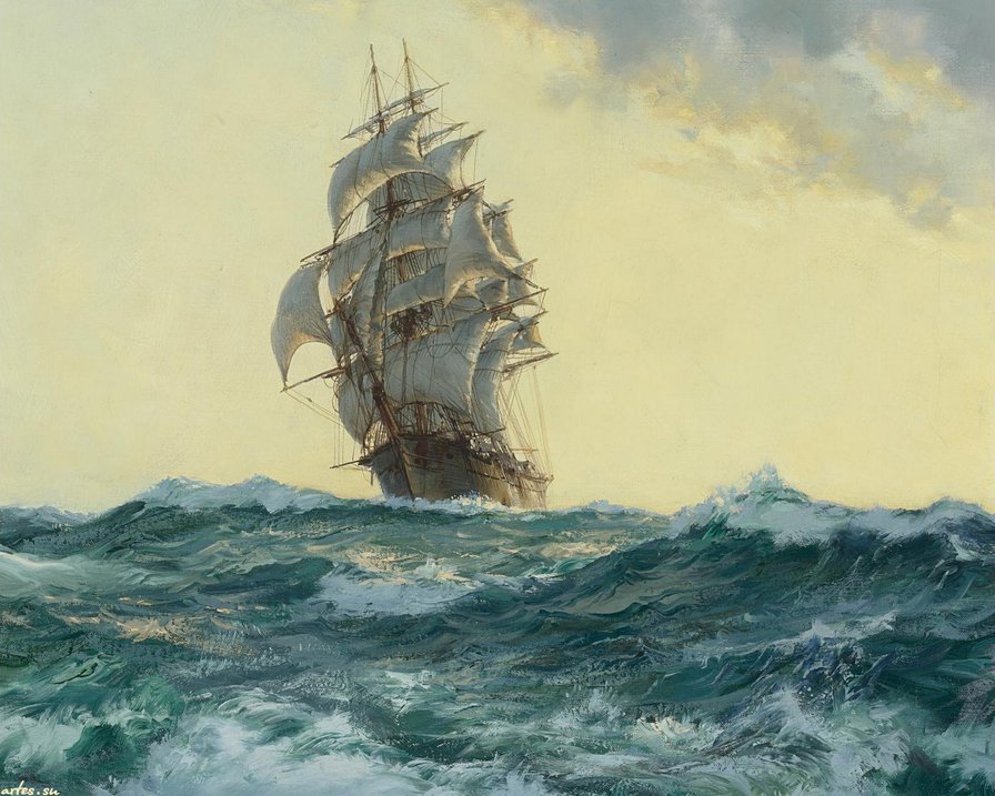 парусник - паруса, парусник, чайки, небо, океан, море, волны - оригинал