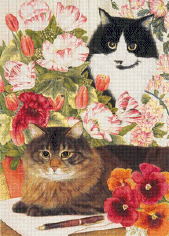 парочка в цветах - кот, коты - предпросмотр