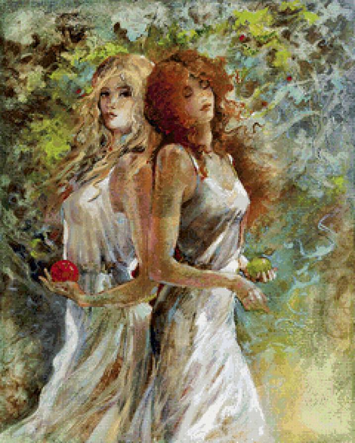 подруги - сад, портрет, яблоки, женщины, живопись, подруги, девушки - предпросмотр