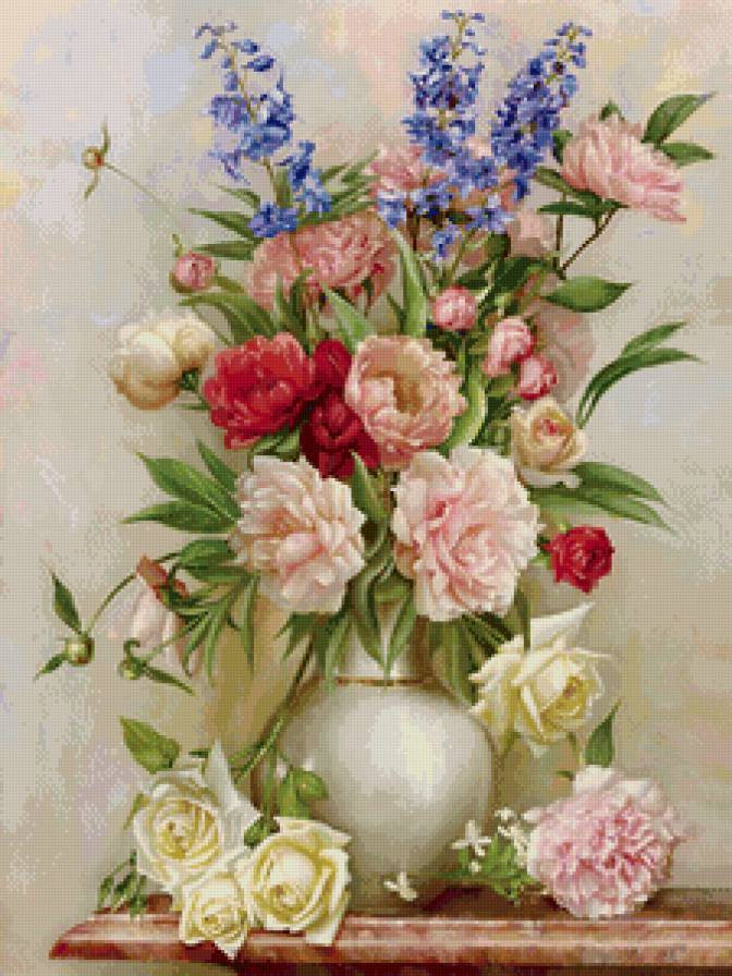 букет цветов в вазе - ваза, розы, пионы, акварель, живопись, букет, цветы - предпросмотр
