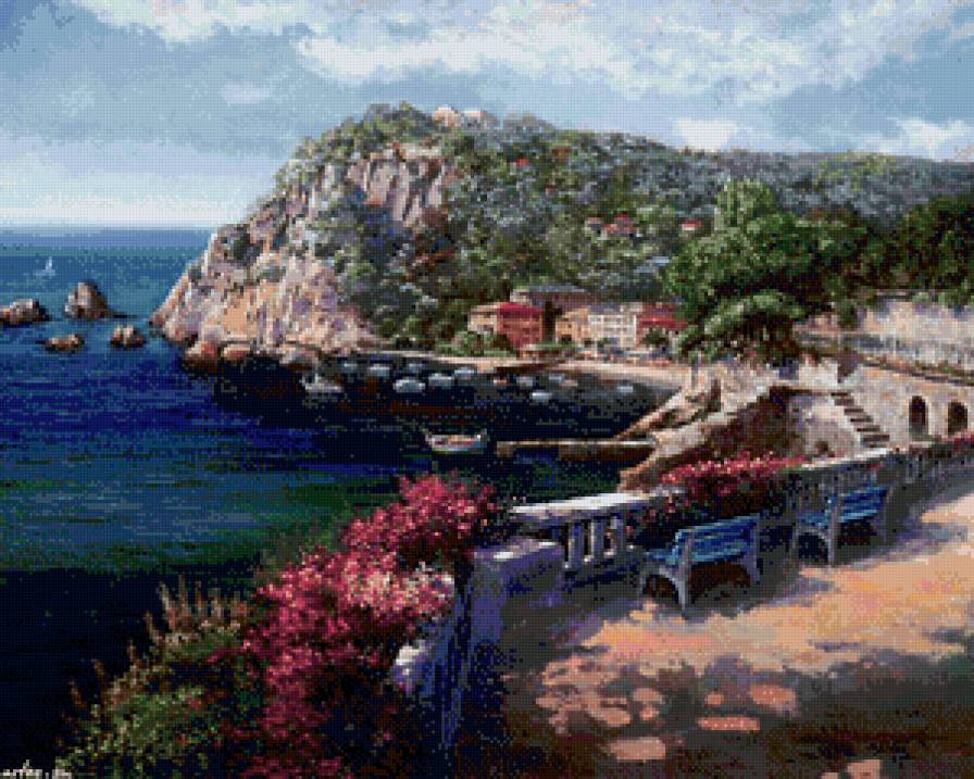 на берегу - море, домики, юг, берег, город, лето, пейзаж, лодки, небо - предпросмотр